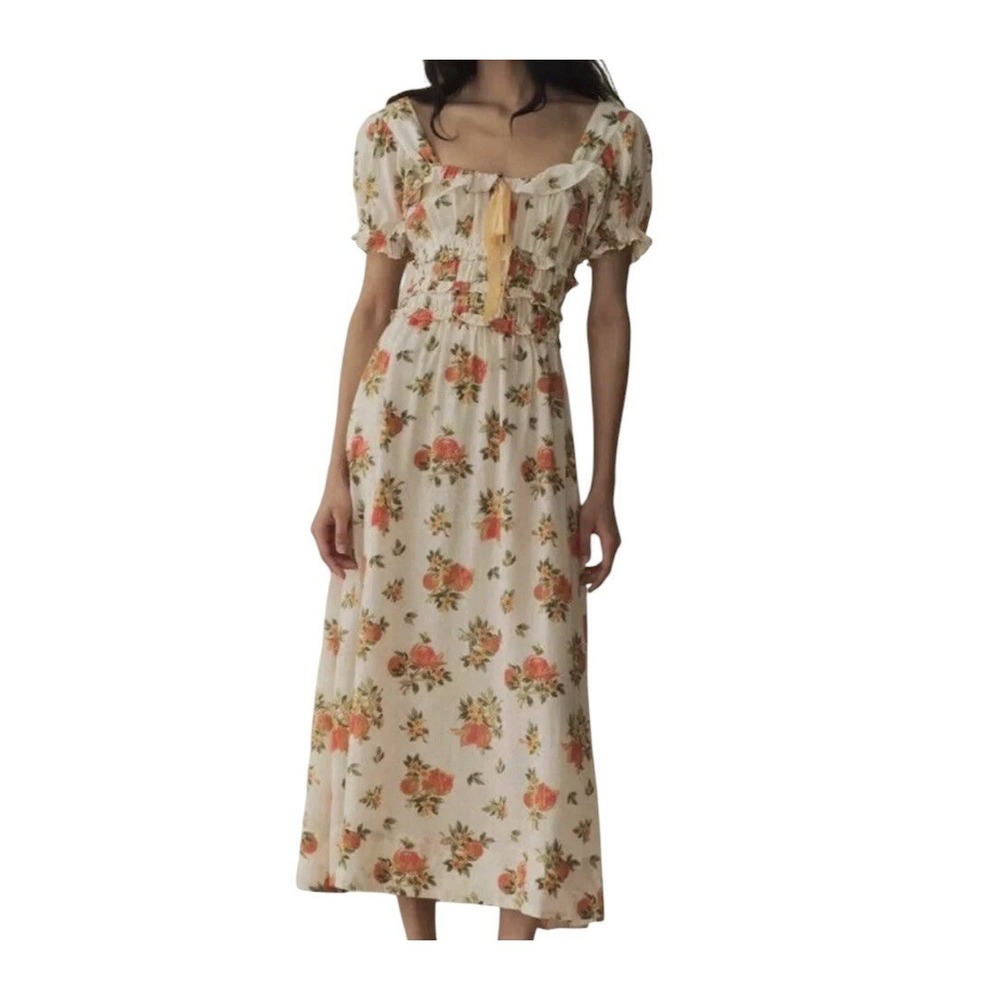 Doen Clarinet Maxi Dress Women Small Floral Orange Smocked Short Sleeve Romantic - Picture 2 of 14